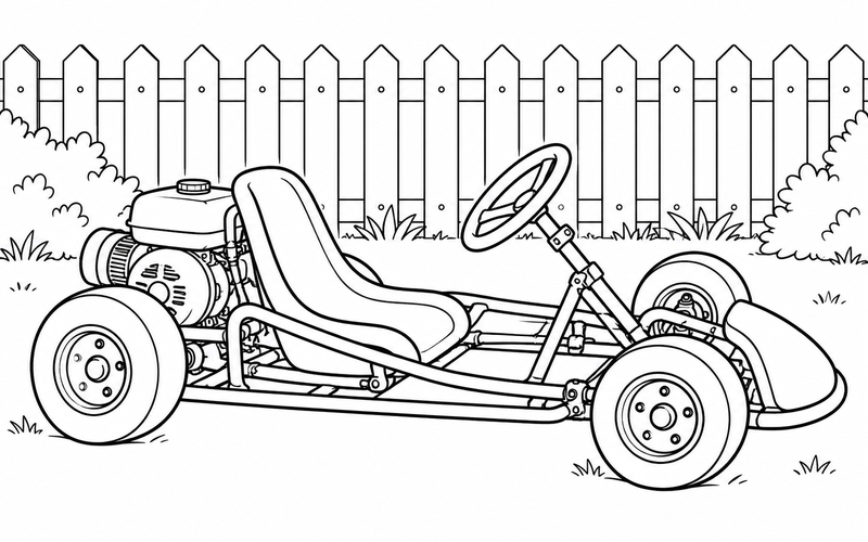 Tranh tô màu xe go-kart bên hàng rào vườn