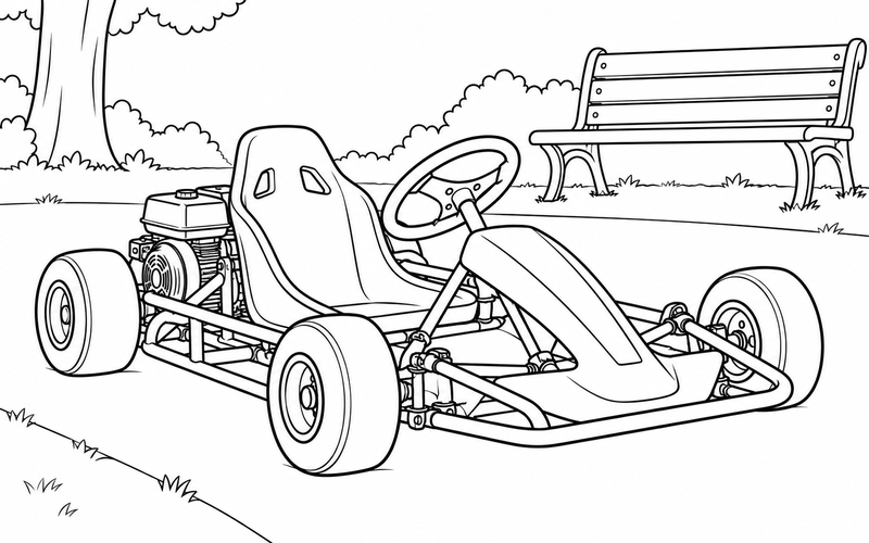 Tranh tô màu xe go-kart cạnh ghế công viên