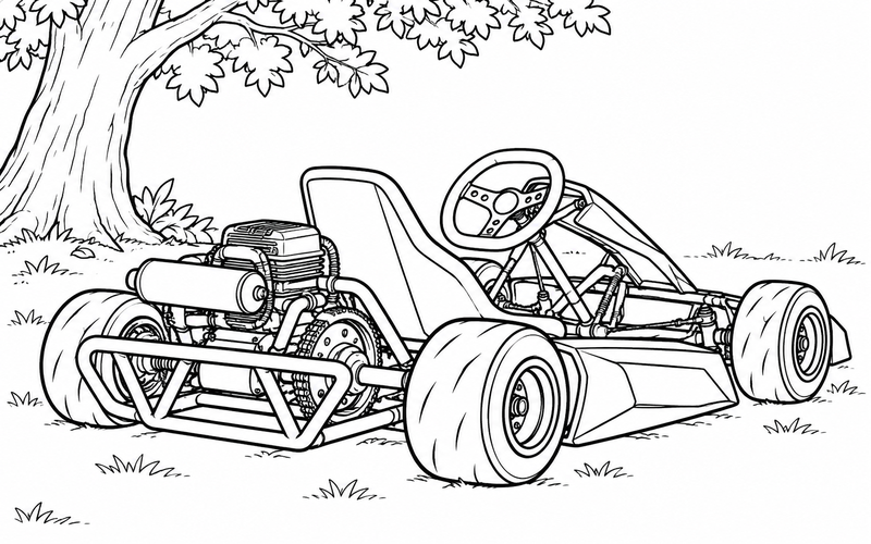 Tranh tô màu xe go-kart dưới tán cây