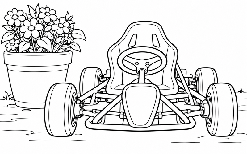 Tranh tô màu xe go-kart cạnh chậu hoa lớn