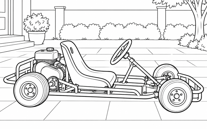 Tranh tô màu xe go-kart trong sân nhà gọn gàng