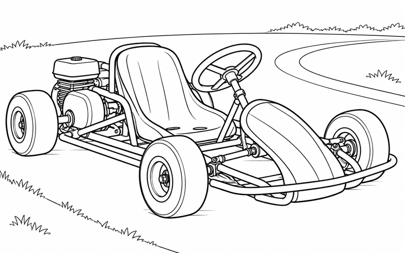 Tranh tô màu xe go-kart cạnh con đường uốn cong