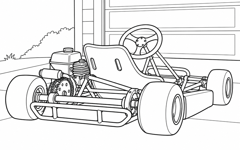 Tranh tô màu xe go-kart gần cửa gara