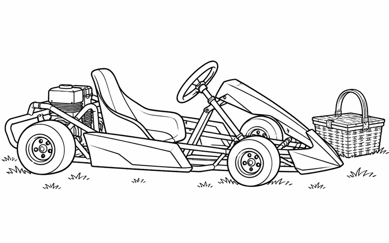 Tranh tô màu xe go-kart bên giỏ dã ngoại