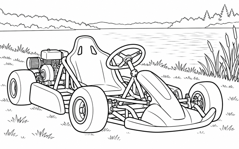 Tranh tô màu xe go-kart bên hồ nước và khóm sậy