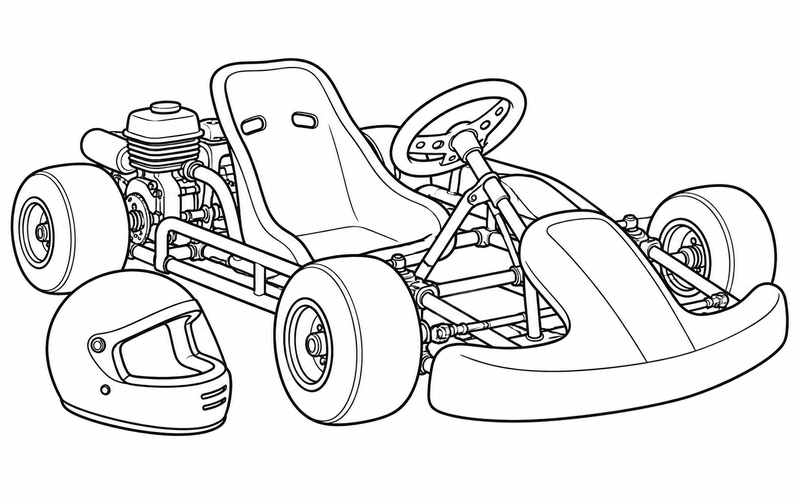 Tranh tô màu xe go-kart cạnh mũ bảo hiểm đặt dưới đất