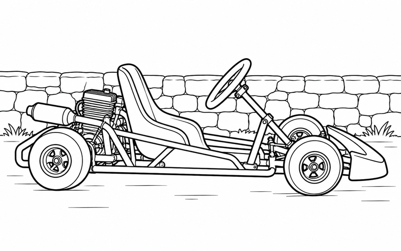 Tranh tô màu xe go-kart bên bức tường đá thấp