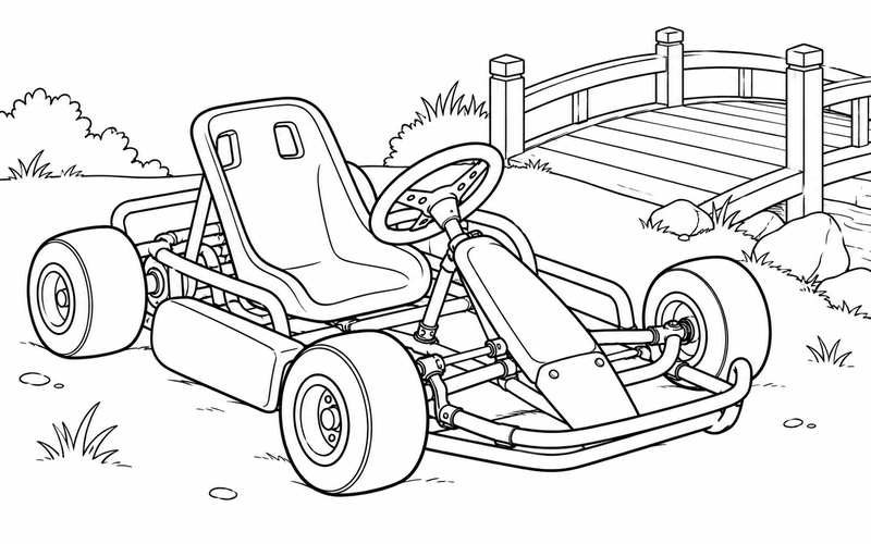 Tranh tô màu xe go-kart cạnh cây cầu gỗ nhỏ