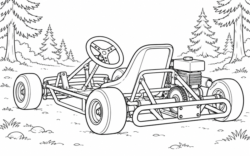 Tranh tô màu xe go-kart giữa những cây thông
