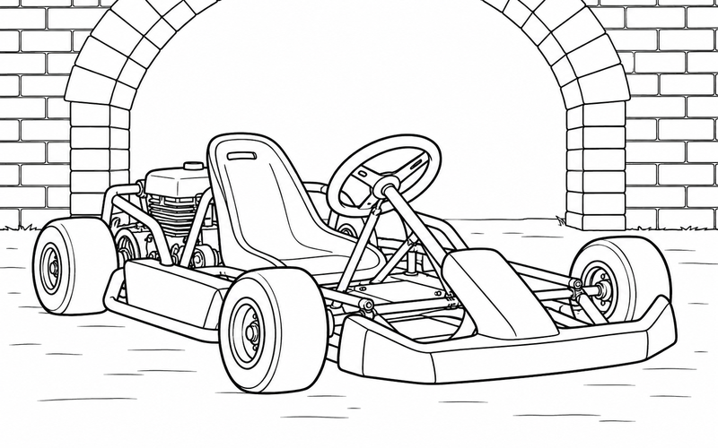 Tranh tô màu xe go-kart bên cổng vòm gạch rộng