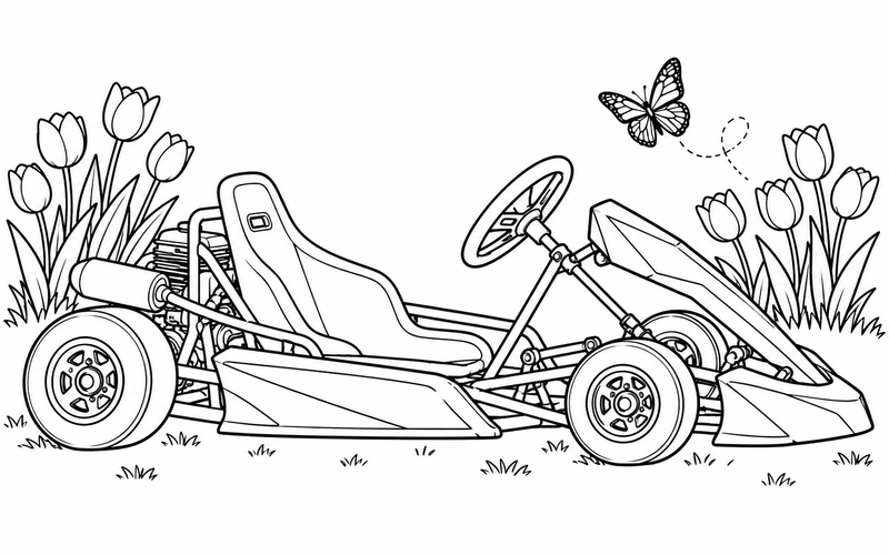 Tranh tô màu xe go-kart cạnh hoa tulip và bướm