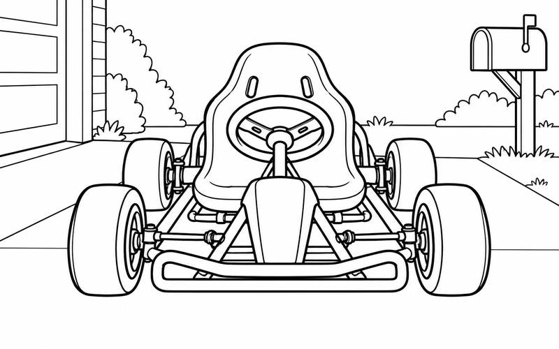 Tranh tô màu xe go-kart trên lối vào nhà có hộp thư