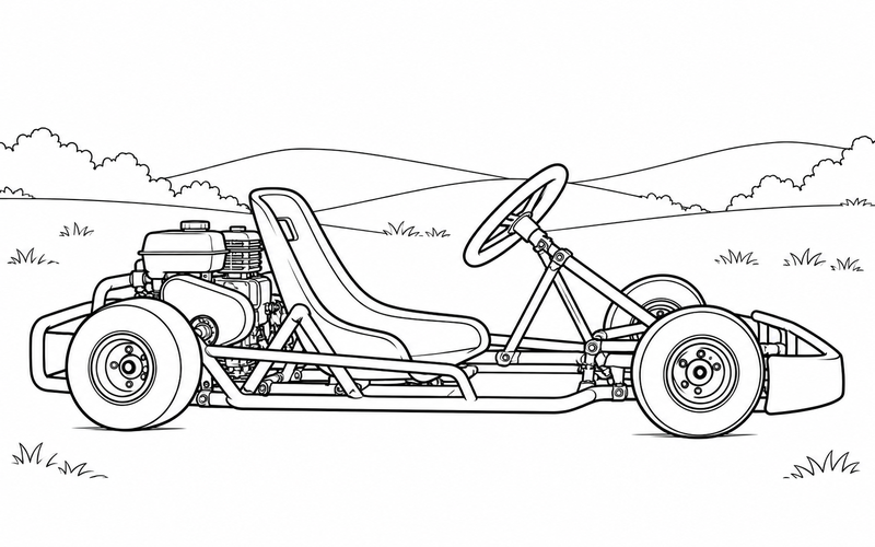 Tranh tô màu xe go-kart với đồi cỏ thấp phía xa