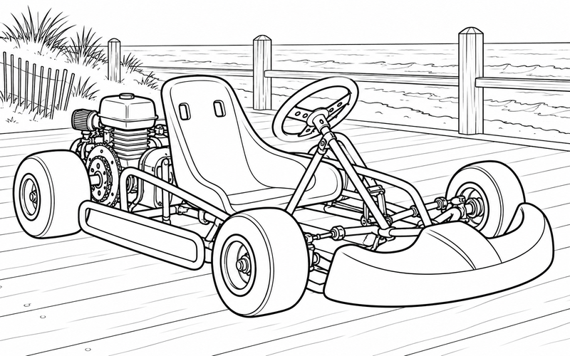 Tranh tô màu xe go-kart gần lối đi ven biển