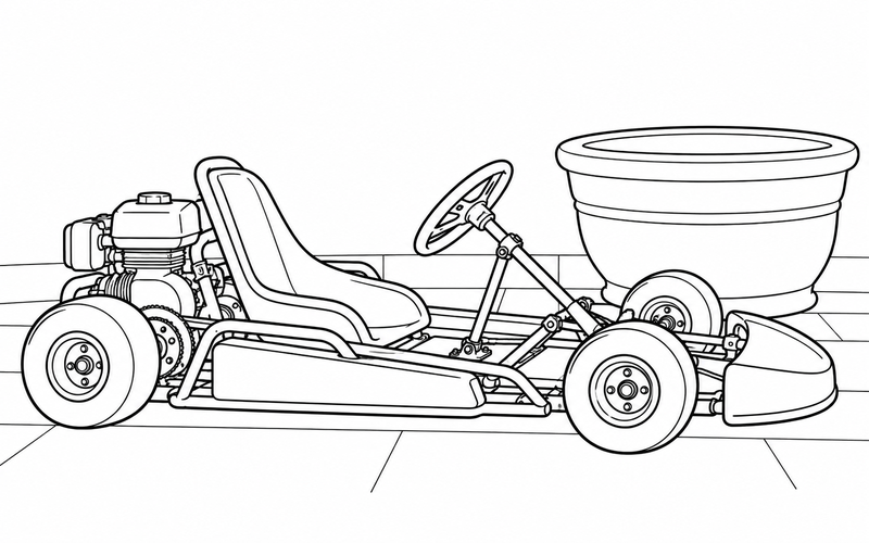 Tranh tô màu xe go-kart cạnh chậu tròn lớn còn trống