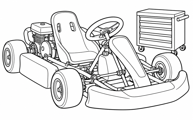 Tranh tô màu xe go-kart bên hộp dụng cụ gọn gàng