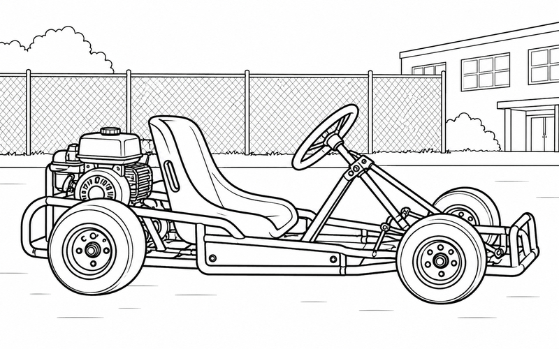 Tranh tô màu xe go-kart gần hàng rào sân trường vắng
