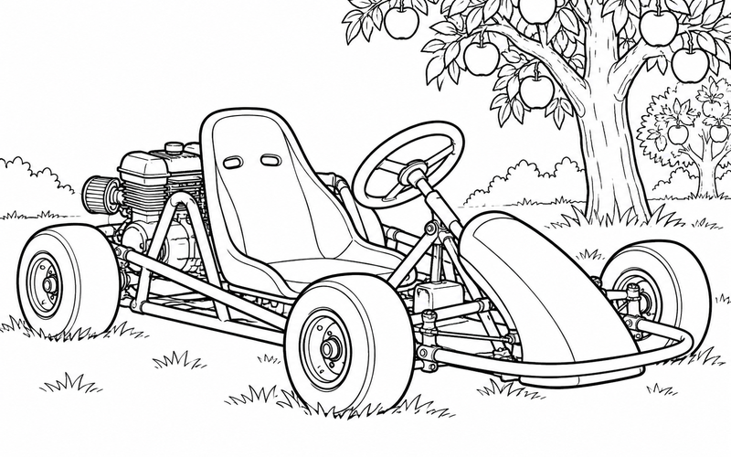 Tranh tô màu xe go-kart bên những cây táo