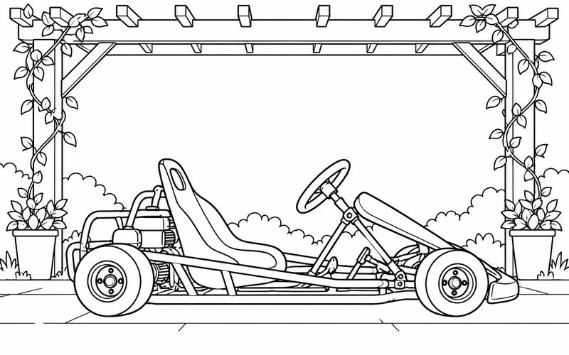 Tranh tô màu xe go-kart dưới giàn che trong vườn
