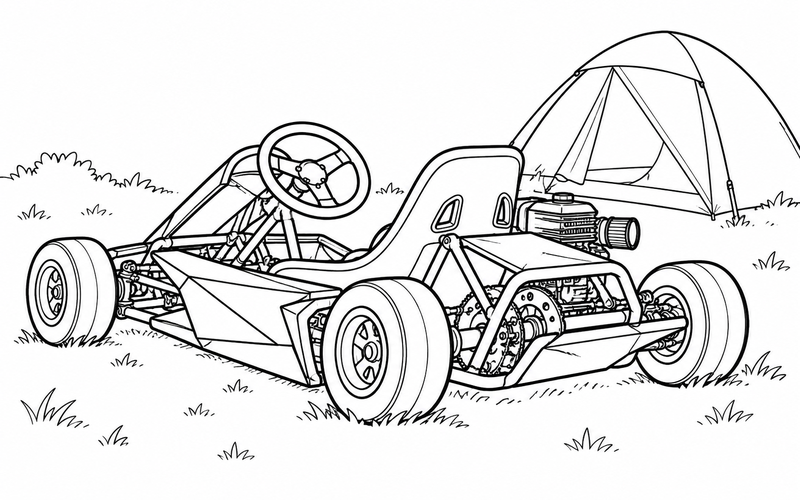 Tranh tô màu xe go-kart cạnh chiếc lều cắm trại nhỏ