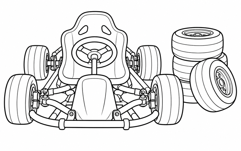 Tranh tô màu xe go-kart cạnh chồng bánh xe dự phòng