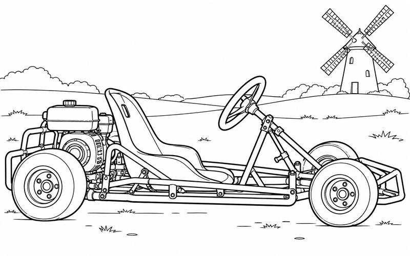 Tranh tô màu xe go-kart với cối xay gió phía xa