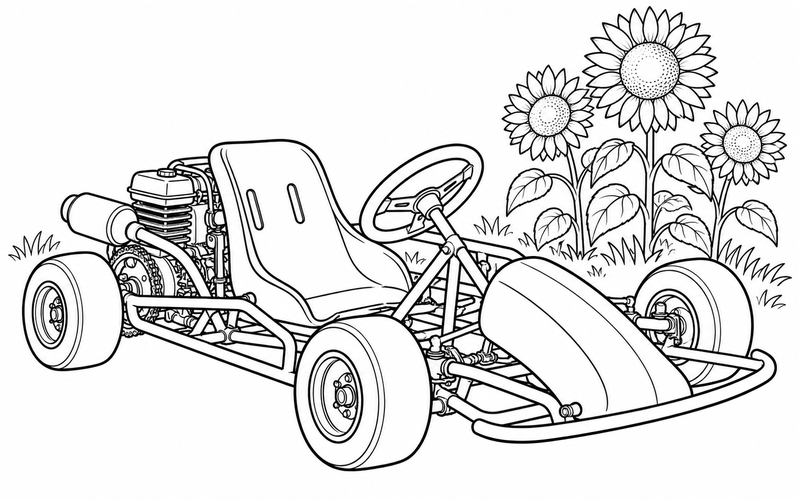 Tranh tô màu xe go-kart bên những bông hướng dương cao