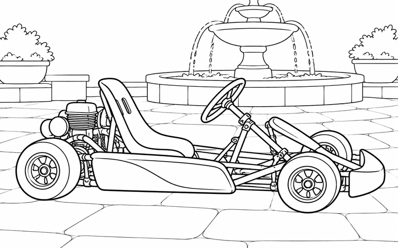 Tranh tô màu xe go-kart trên sân có đài phun nước nhỏ