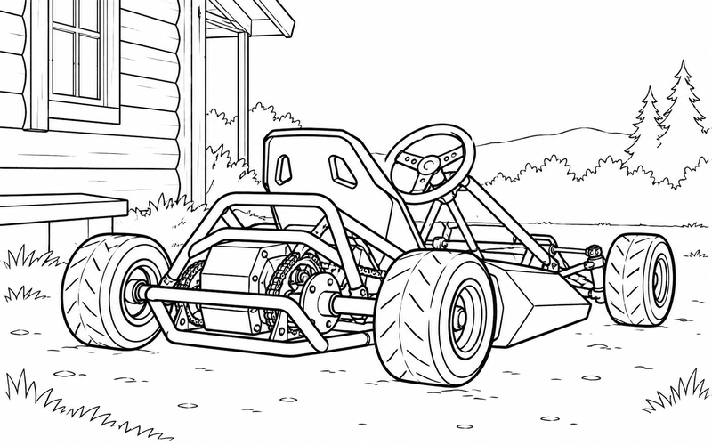 Tranh tô màu xe go-kart bên ngôi nhà gỗ