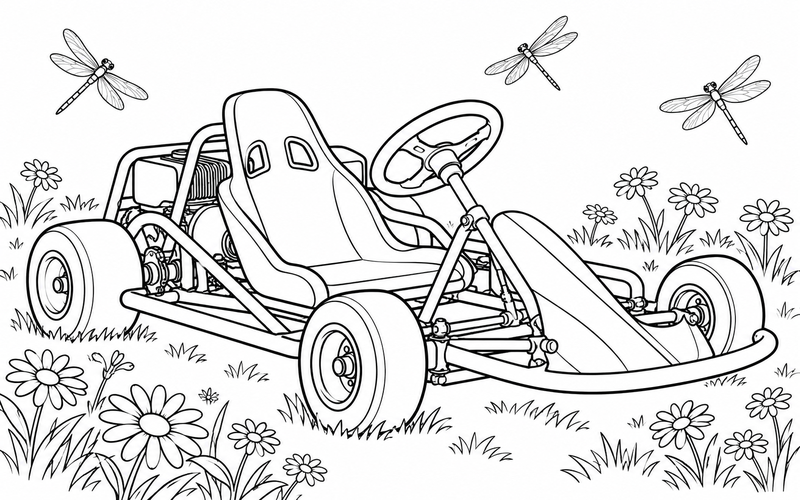 Tranh tô màu xe go-kart giữa hoa cúc và chuồn chuồn