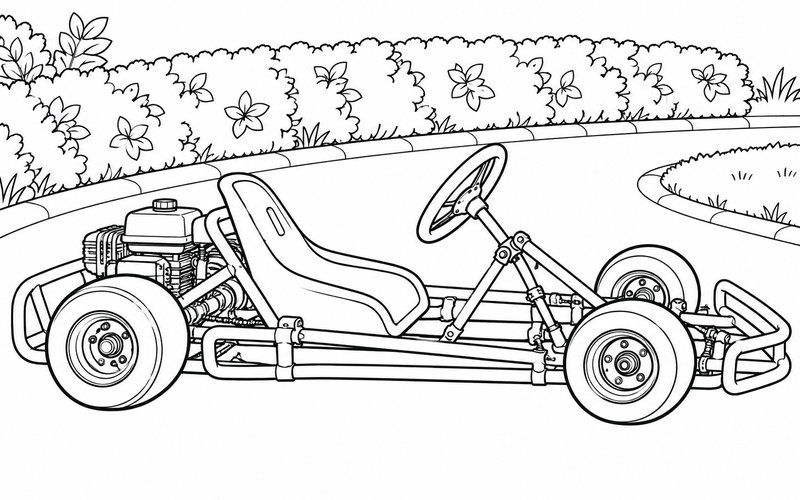 Tranh tô màu xe go-kart cạnh hàng cây uốn cong