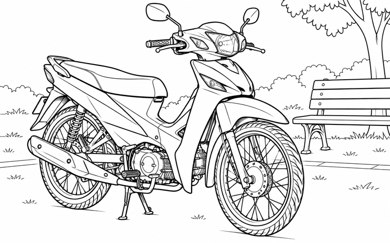 Tranh tô màu xe máy cạnh ghế công viên