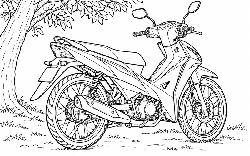 Tranh tô màu xe máy dưới tán cây