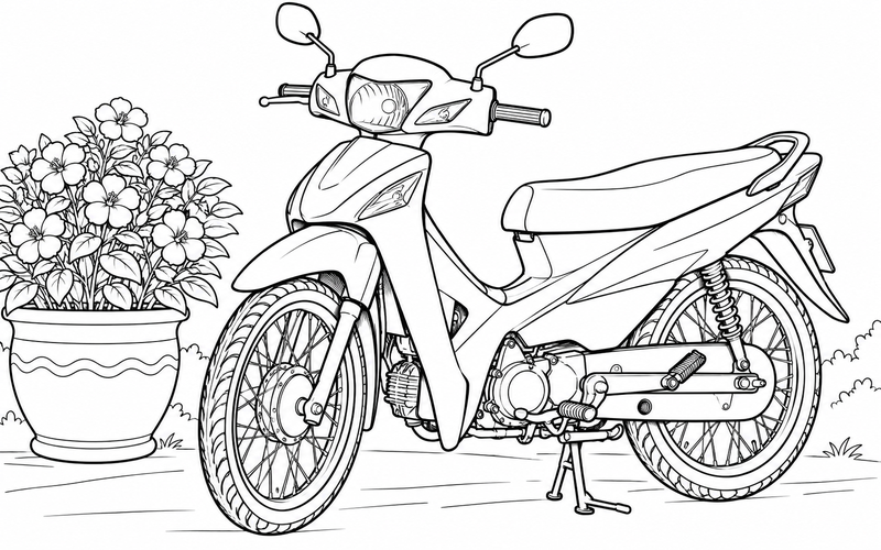 Tranh tô màu xe máy cạnh chậu hoa lớn