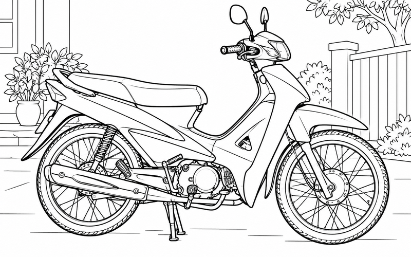 Tranh tô màu xe máy trong sân nhà gọn gàng