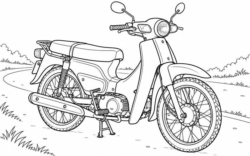 Tranh tô màu xe máy cạnh con đường uốn cong