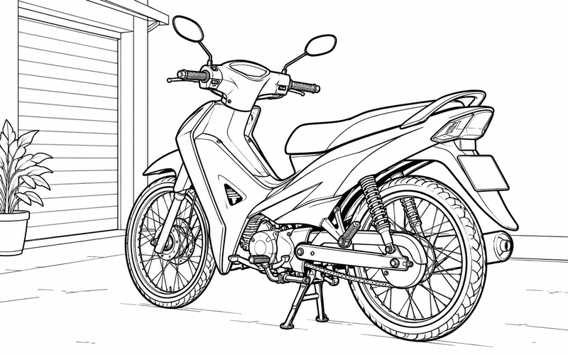 Tranh tô màu xe máy gần cửa gara