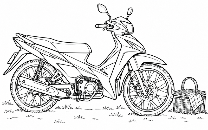 Tranh tô màu xe máy bên giỏ dã ngoại