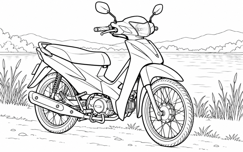 Tranh tô màu xe máy bên hồ nước và khóm sậy