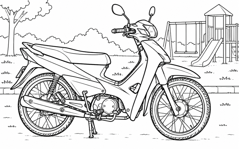 Tranh tô màu xe máy bên rìa sân chơi yên tĩnh