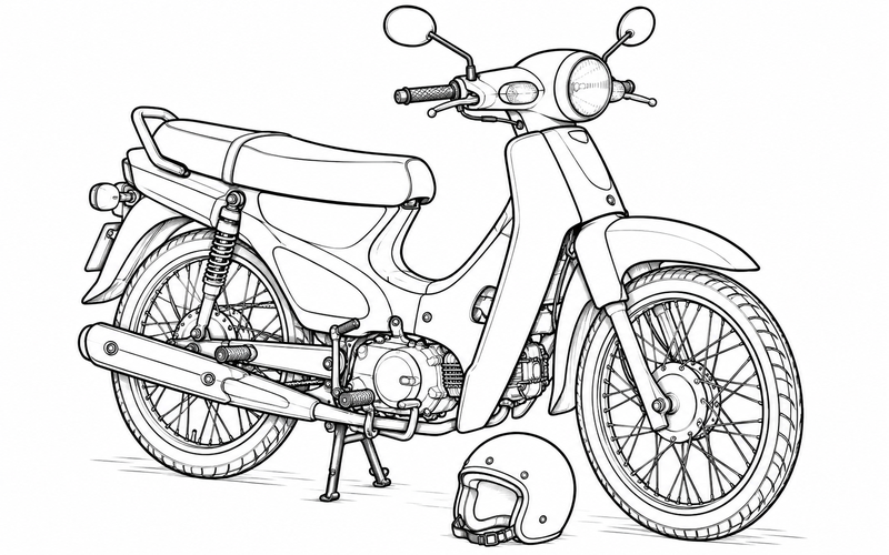 Tranh tô màu xe máy cạnh mũ bảo hiểm đặt dưới đất