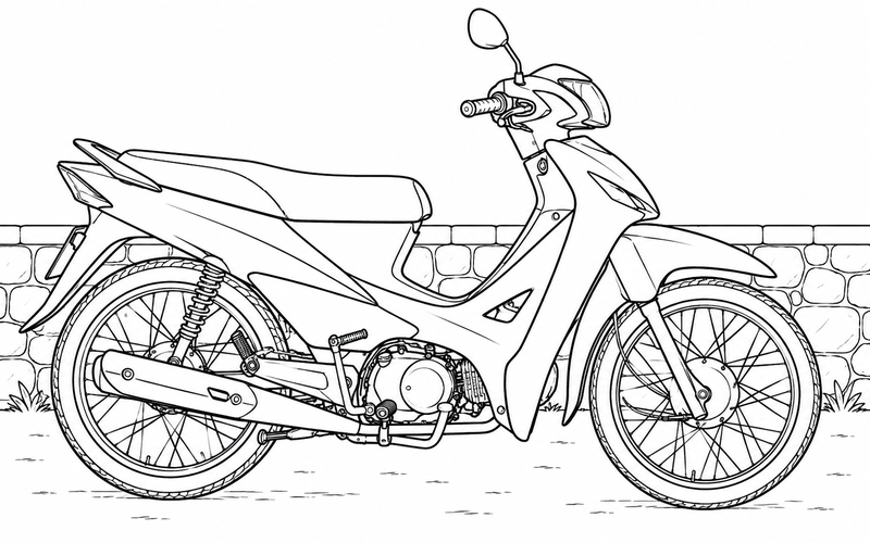 Tranh tô màu xe máy bên bức tường đá thấp