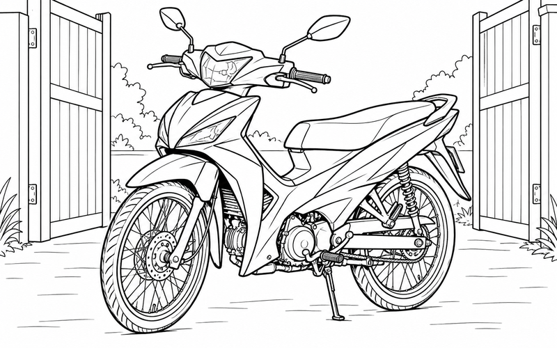 Tranh tô màu xe máy trước cánh cổng gỗ mở