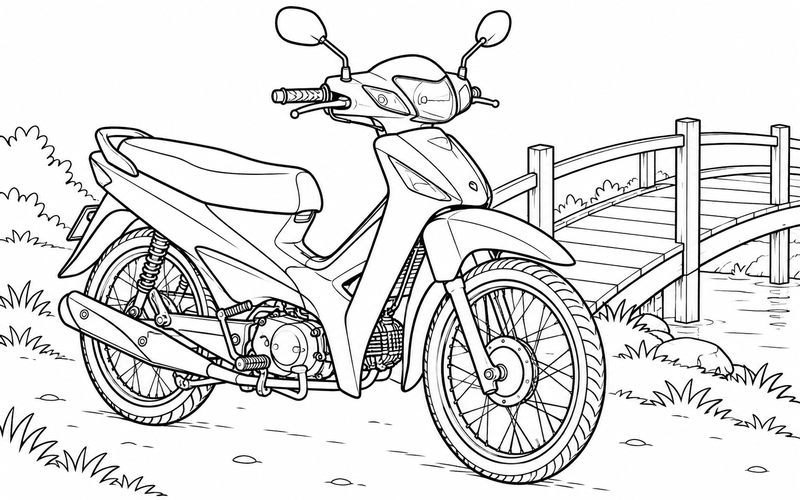 Tranh tô màu xe máy cạnh cây cầu gỗ nhỏ