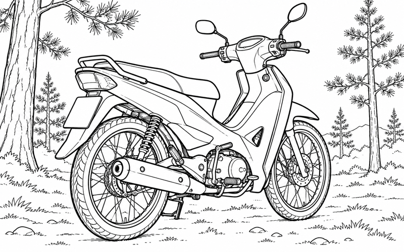 Tranh tô màu xe máy giữa những cây thông