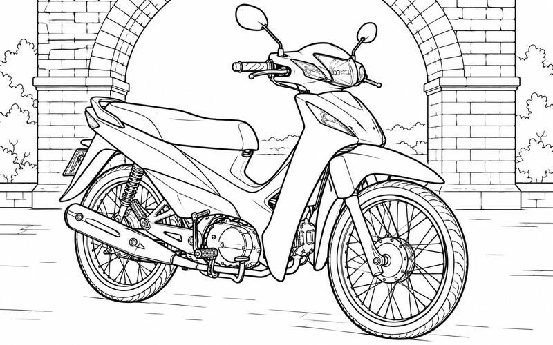 Tranh tô màu xe máy bên cổng vòm gạch rộng