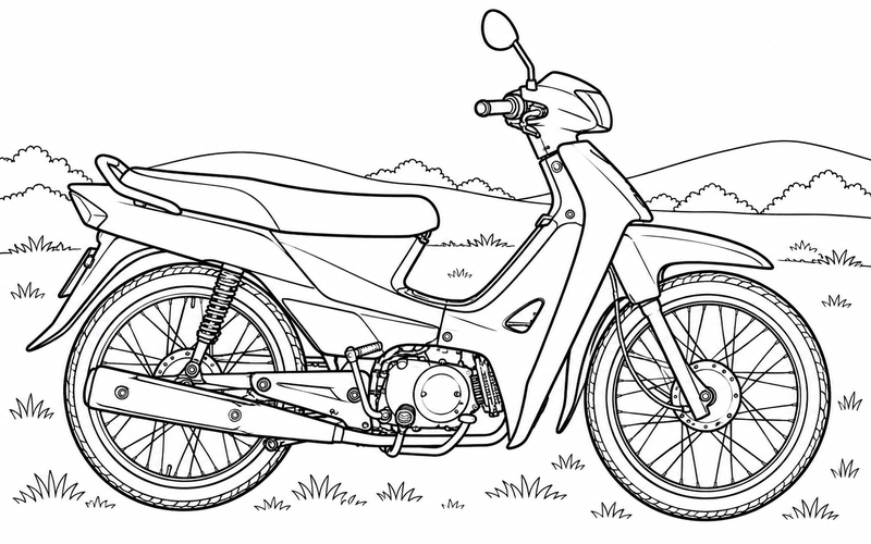 Tranh tô màu xe máy với đồi cỏ thấp phía xa
