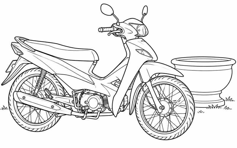 Tranh tô màu xe máy cạnh chậu tròn lớn còn trống