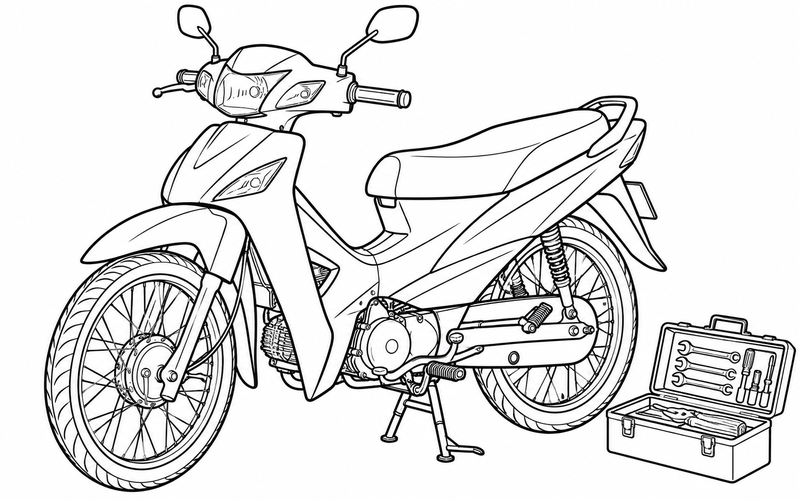 Tranh tô màu xe máy bên hộp dụng cụ gọn gàng