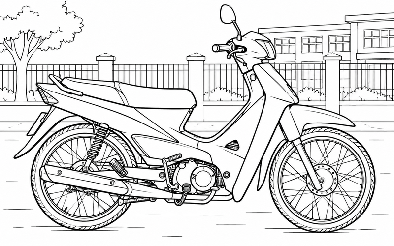 Tranh tô màu xe máy gần hàng rào sân trường vắng